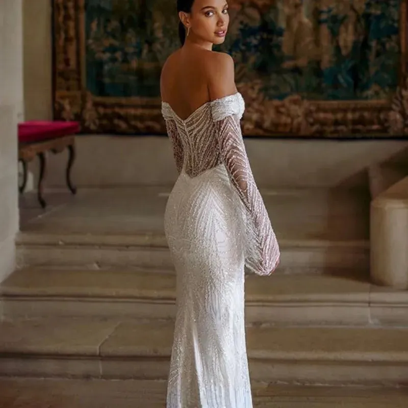 Wedding Dresses Mermaid Sequins Off Shoulder Long Sleeves Bridal Gown
