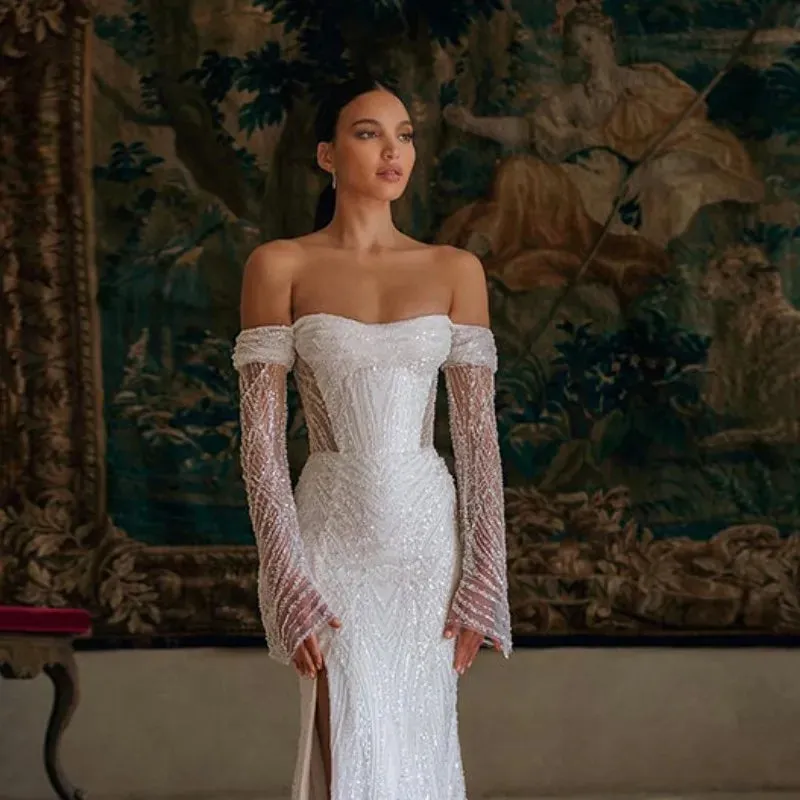 Wedding Dresses Mermaid Sequins Off Shoulder Long Sleeves Bridal Gown