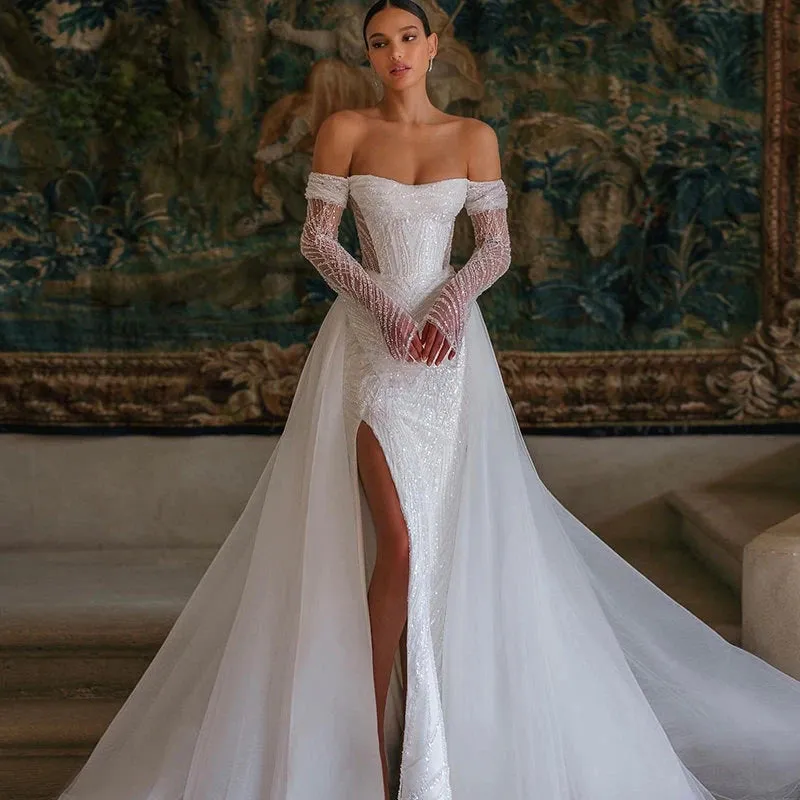 Wedding Dresses Mermaid Sequins Off Shoulder Long Sleeves Bridal Gown