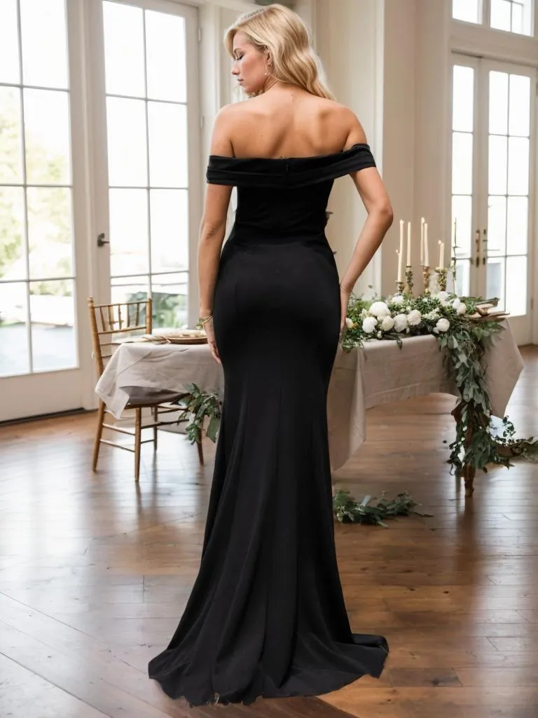 Wednesday off shoulder ball dress with split