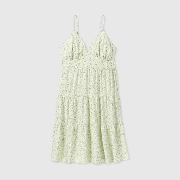 WF Light Green Floral Ruffle Tiered Midi Dress