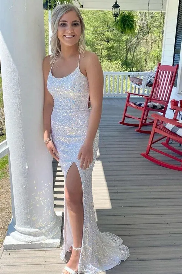 White Mermaid Sequins Backless Slit Prom Dresses, Long Formal Dress, MP756
