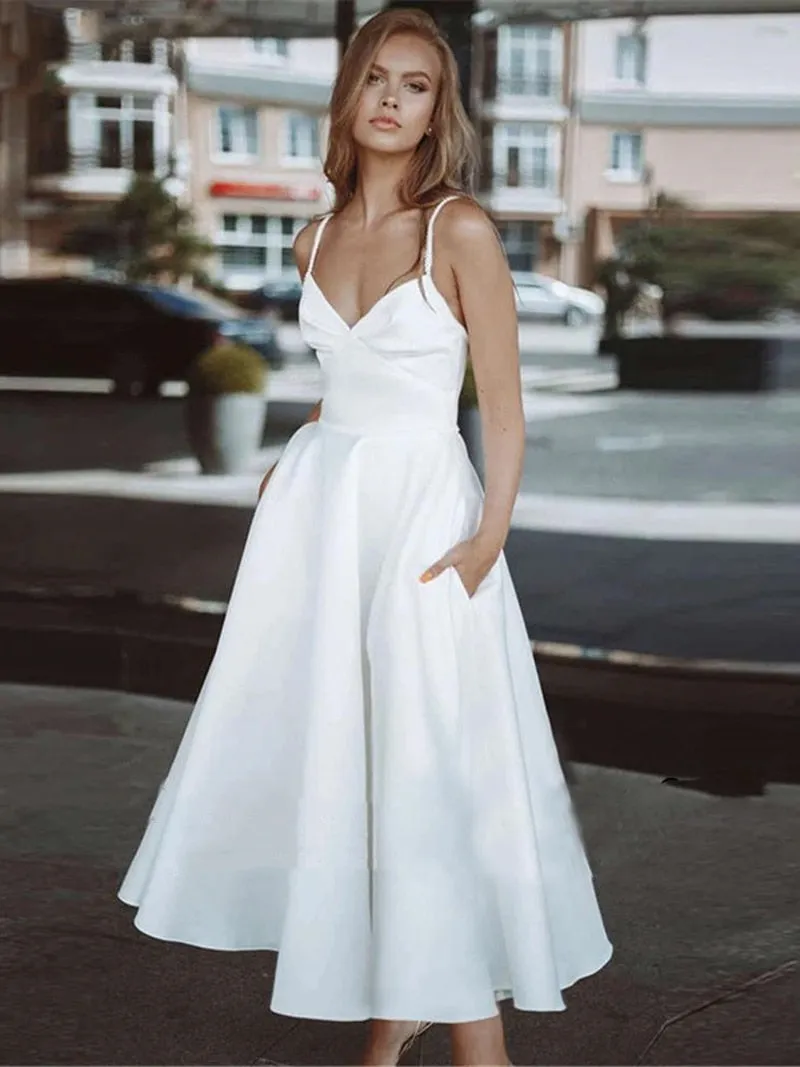 White Wedding Dresses Sleeveless Ankle Length Wedding Gowns