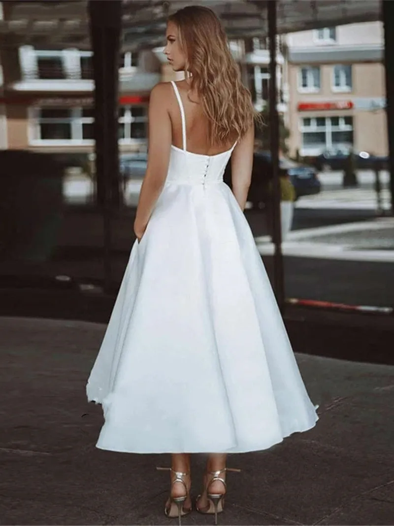 White Wedding Dresses Sleeveless Ankle Length Wedding Gowns