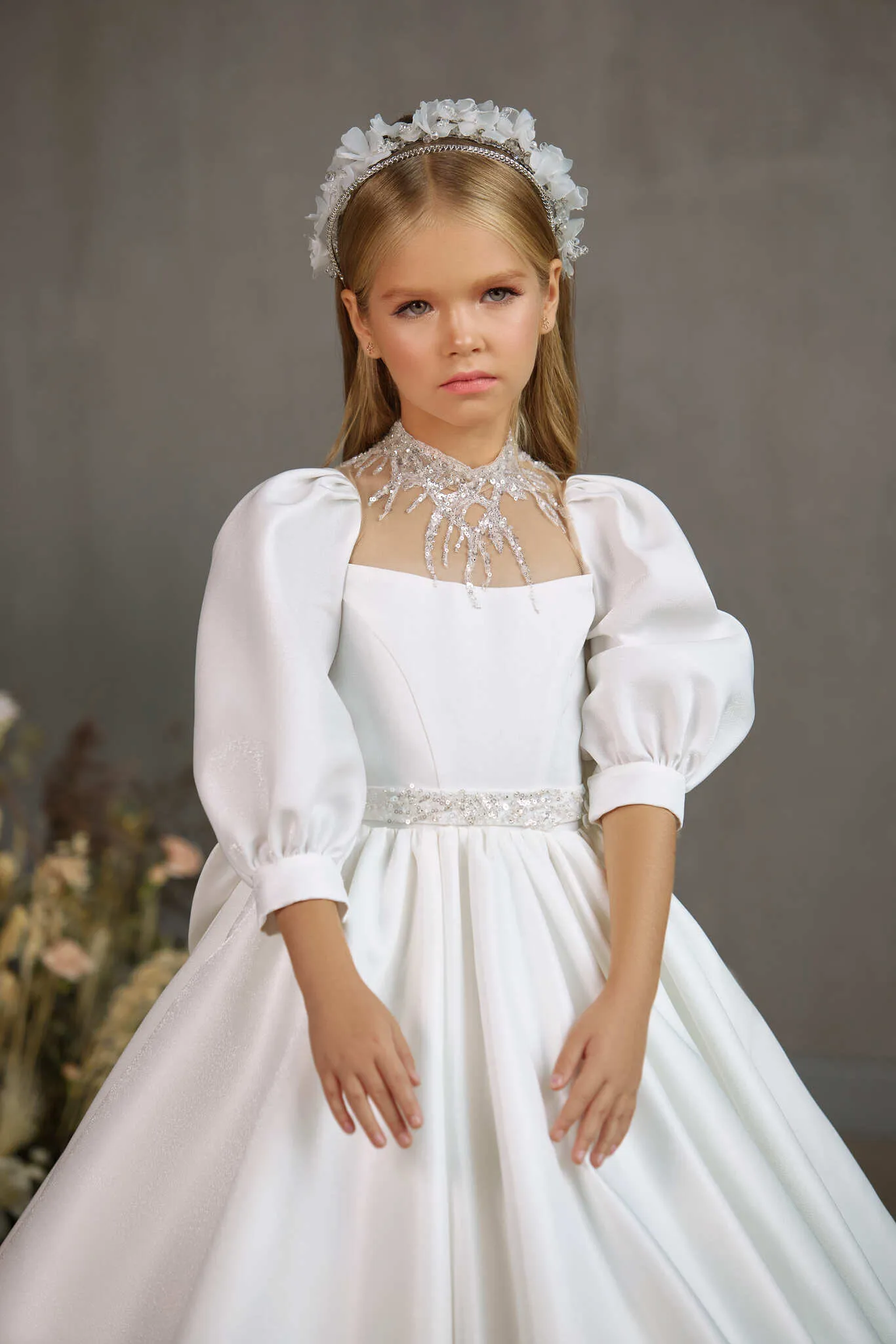 WINDSOR–TRADITIONAL COMMUNION GOWN WITH BEADED NECKLINE AND MATCHING BELT