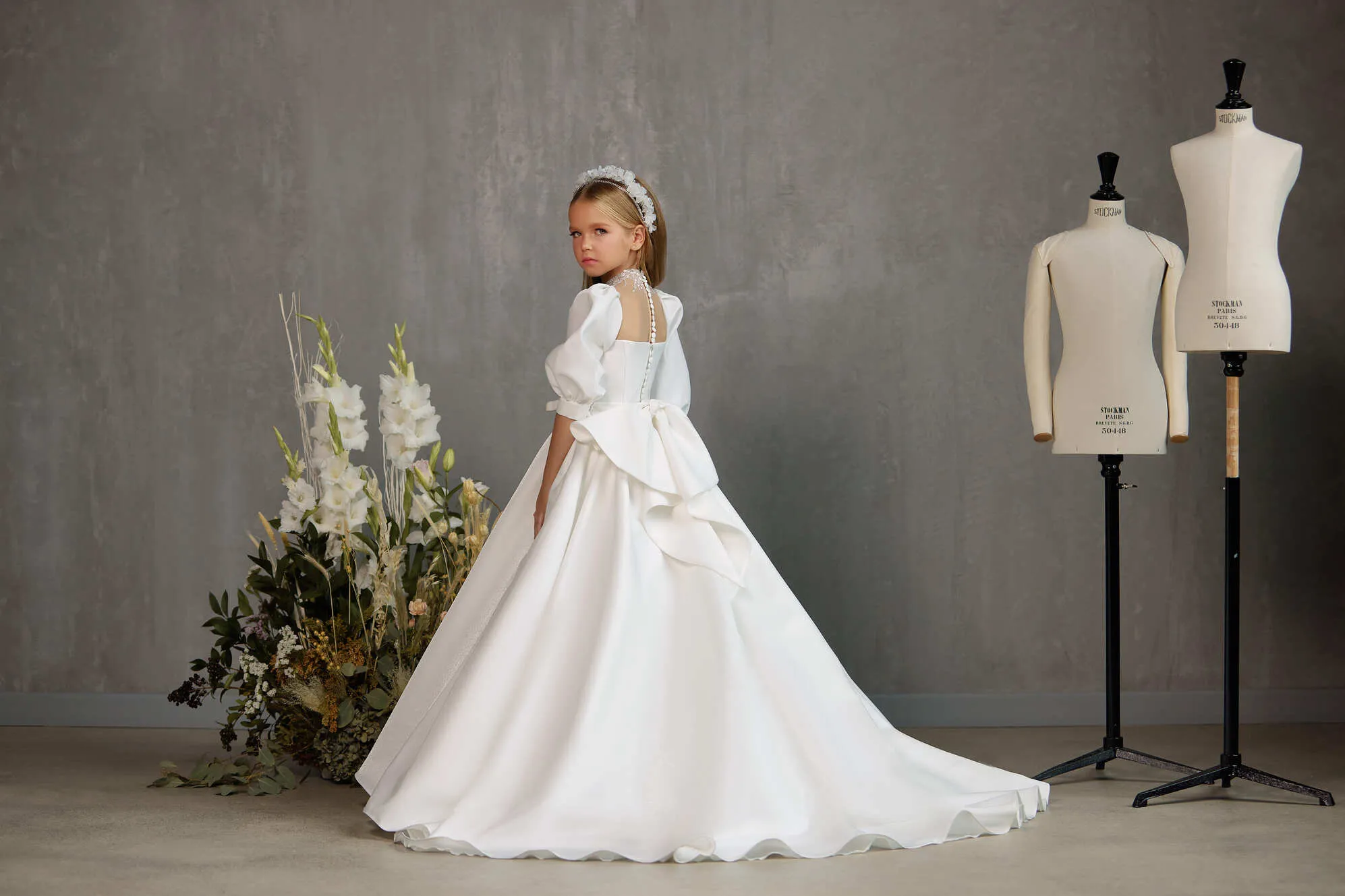 WINDSOR–TRADITIONAL COMMUNION GOWN WITH BEADED NECKLINE AND MATCHING BELT