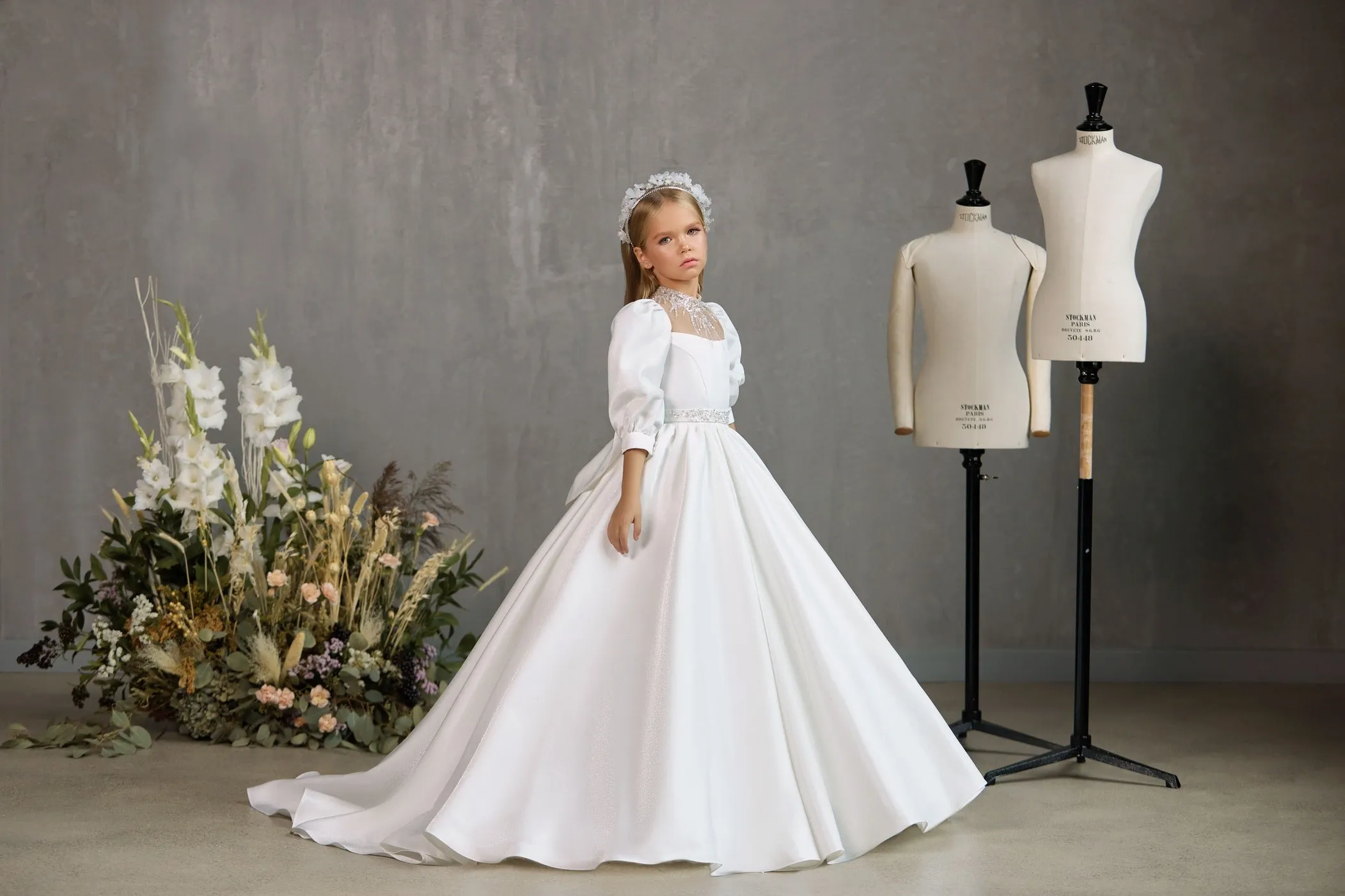 WINDSOR–TRADITIONAL COMMUNION GOWN WITH BEADED NECKLINE AND MATCHING BELT