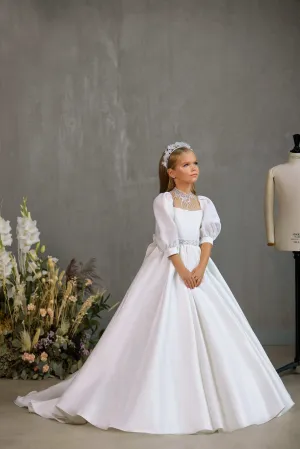 WINDSOR–TRADITIONAL COMMUNION GOWN WITH BEADED NECKLINE AND MATCHING BELT