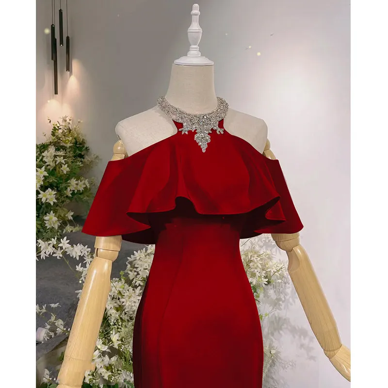 Wine Red Mermaid Off Shoulder Halter Neckline Party Dress, Wine Red Evening Gown