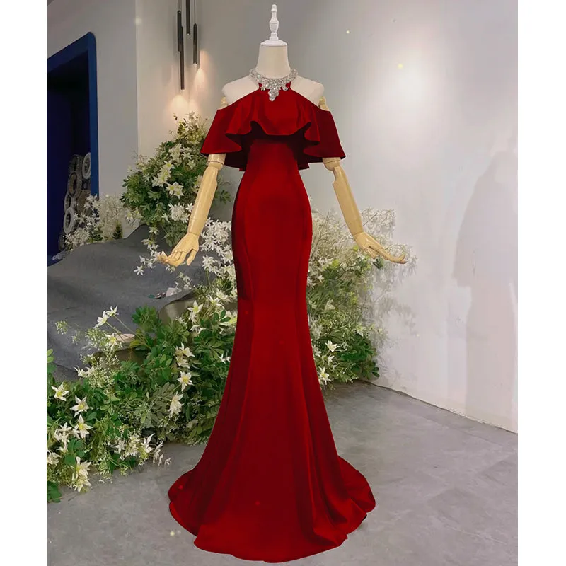 Wine Red Mermaid Off Shoulder Halter Neckline Party Dress, Wine Red Evening Gown