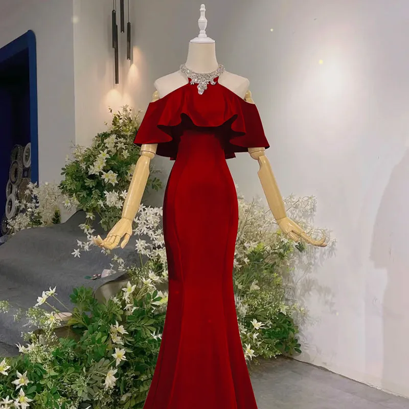 Wine Red Mermaid Off Shoulder Halter Neckline Party Dress, Wine Red Evening Gown