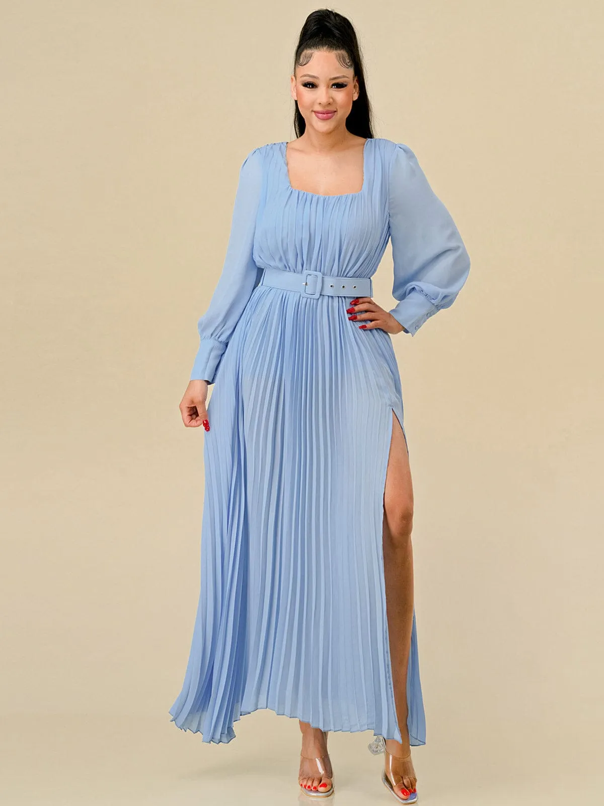 WOMEN'S LONG SLEEVES SQUARE NECK FRONT SLIT PLEATED BELT MAXI DRESS
