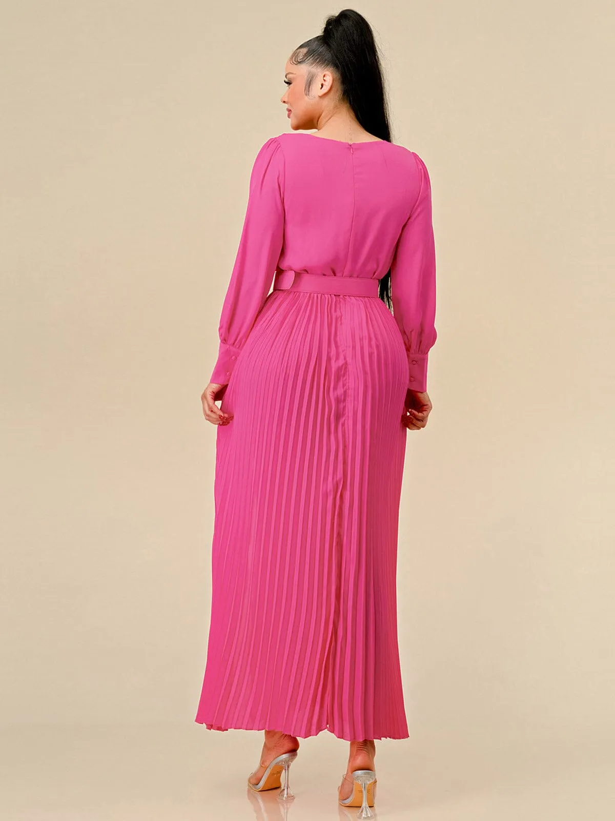 WOMEN'S LONG SLEEVES SQUARE NECK FRONT SLIT PLEATED BELT MAXI DRESS
