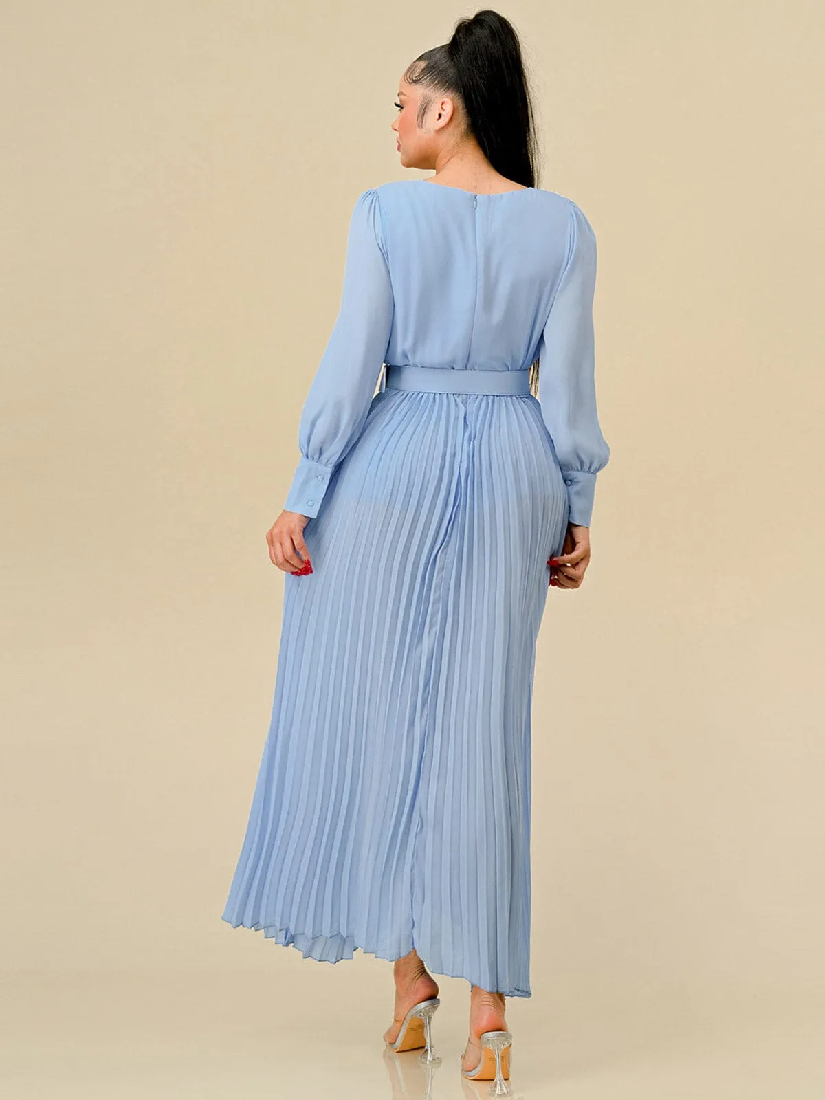 WOMEN'S LONG SLEEVES SQUARE NECK FRONT SLIT PLEATED BELT MAXI DRESS