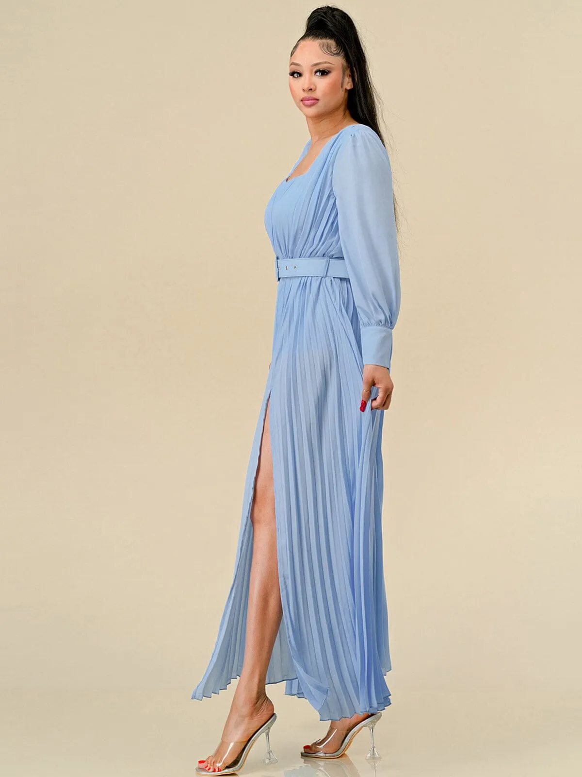 WOMEN'S LONG SLEEVES SQUARE NECK FRONT SLIT PLEATED BELT MAXI DRESS