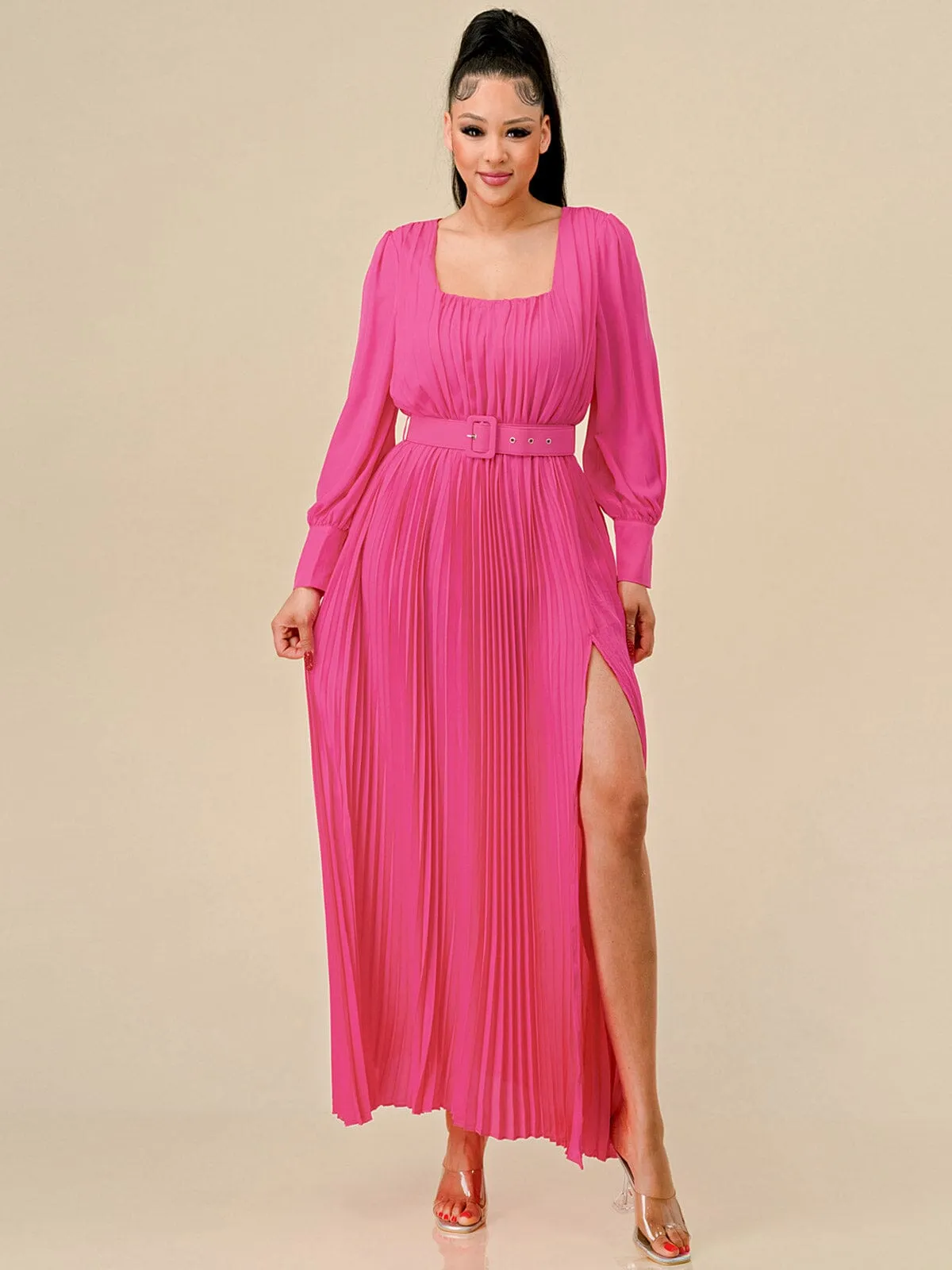 WOMEN'S LONG SLEEVES SQUARE NECK FRONT SLIT PLEATED BELT MAXI DRESS