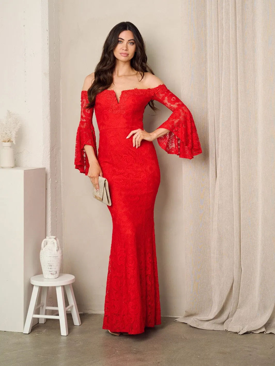 WOMEN'S OFF SHOULDER BODYCON LACE MAXI GOWN DRESS