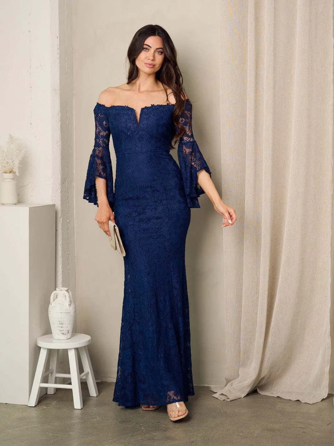 WOMEN'S OFF SHOULDER BODYCON LACE MAXI GOWN DRESS