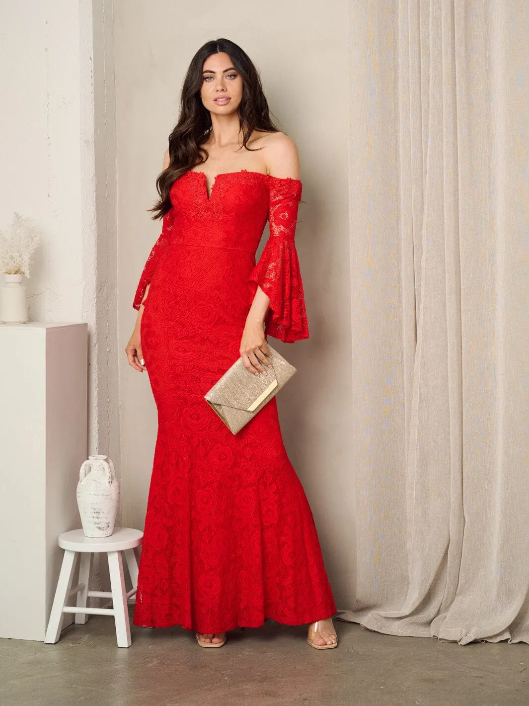 WOMEN'S OFF SHOULDER BODYCON LACE MAXI GOWN DRESS