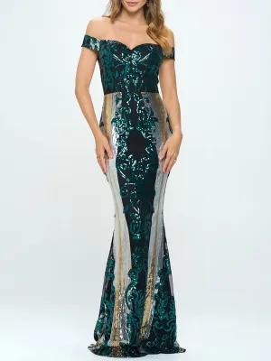 WOMEN'S OFF SHOULDER BODYCON SEQUINS GOWN MAXI DRESS