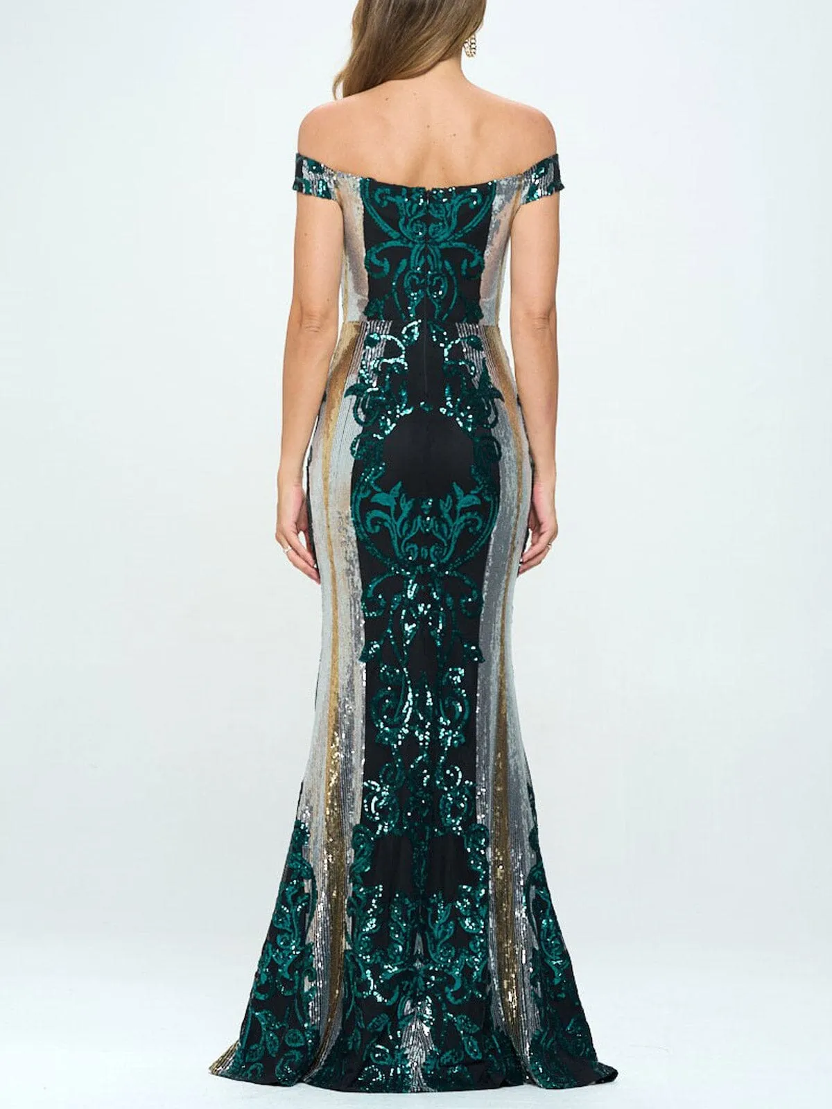 WOMEN'S OFF SHOULDER BODYCON SEQUINS GOWN MAXI DRESS