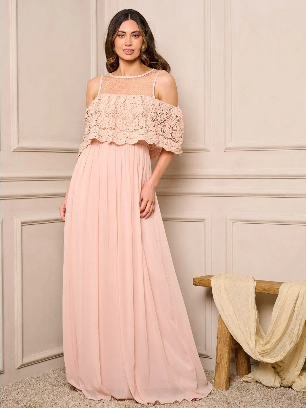WOMEN'S OFF SHOULDER RUFFLE DETAILED PLEATED MAXI DRESS
