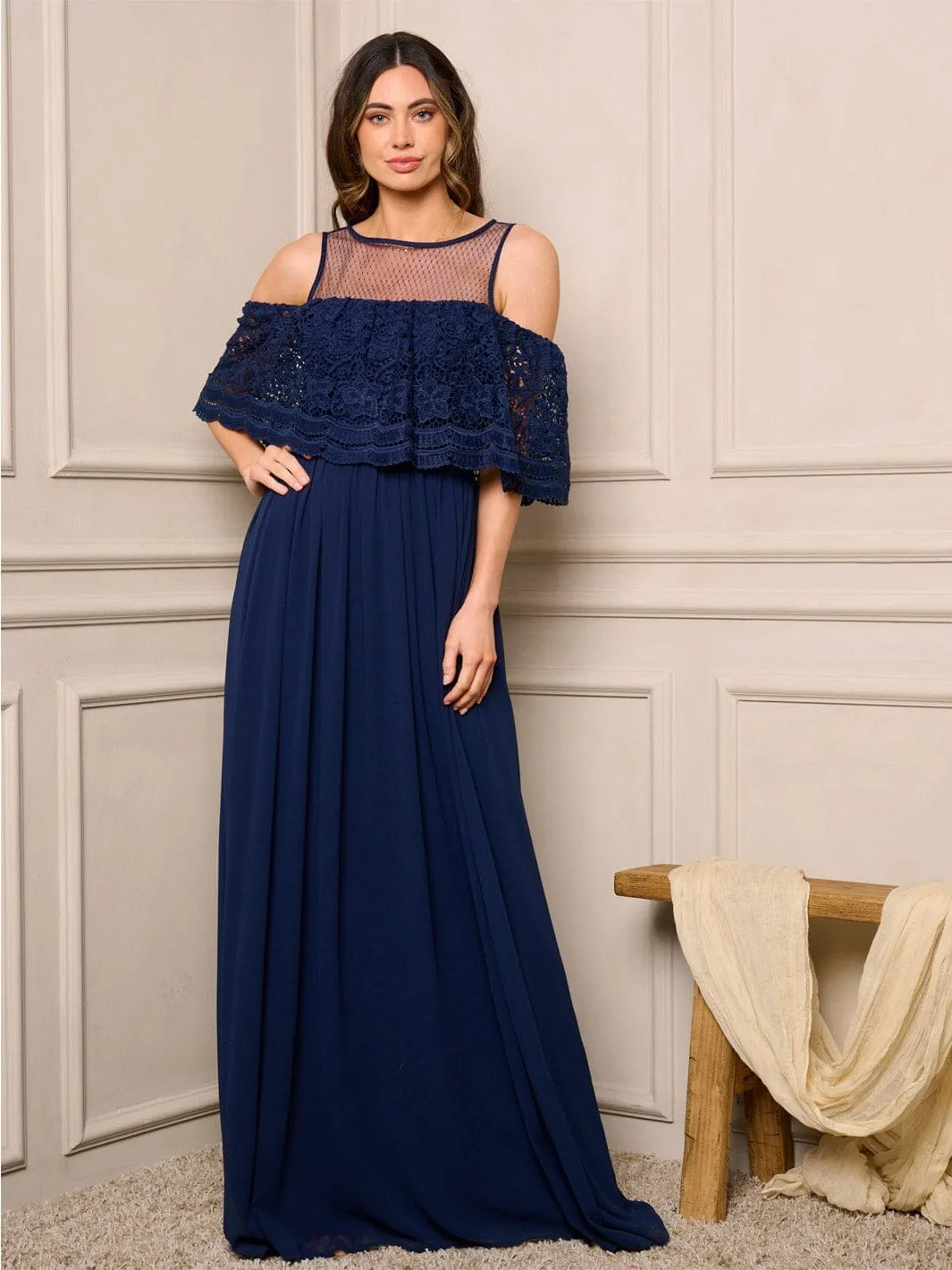 WOMEN'S OFF SHOULDER RUFFLE DETAILED PLEATED MAXI DRESS