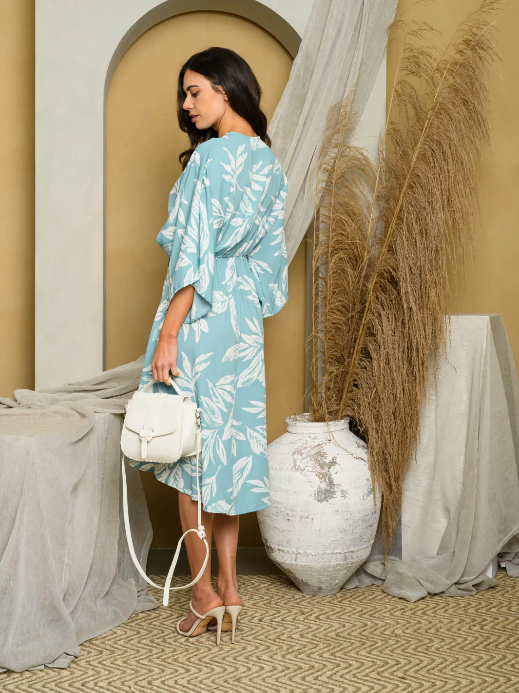 WOMEN'S PLEATED SURPLICE MIDI DRESS