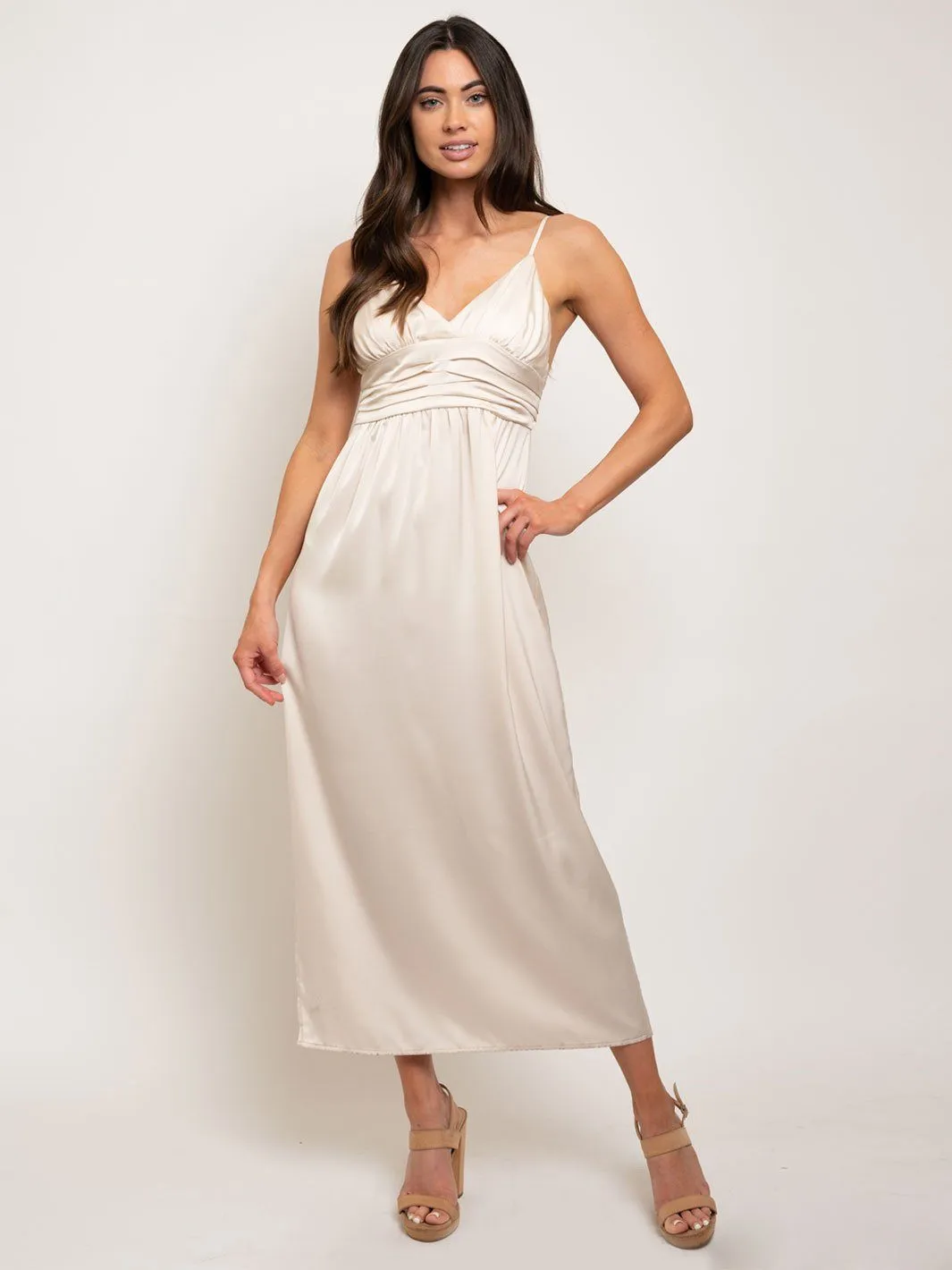 WOMEN'S SATIN LONG SLIP PLEATED WAISTBAND MAXI DRESS