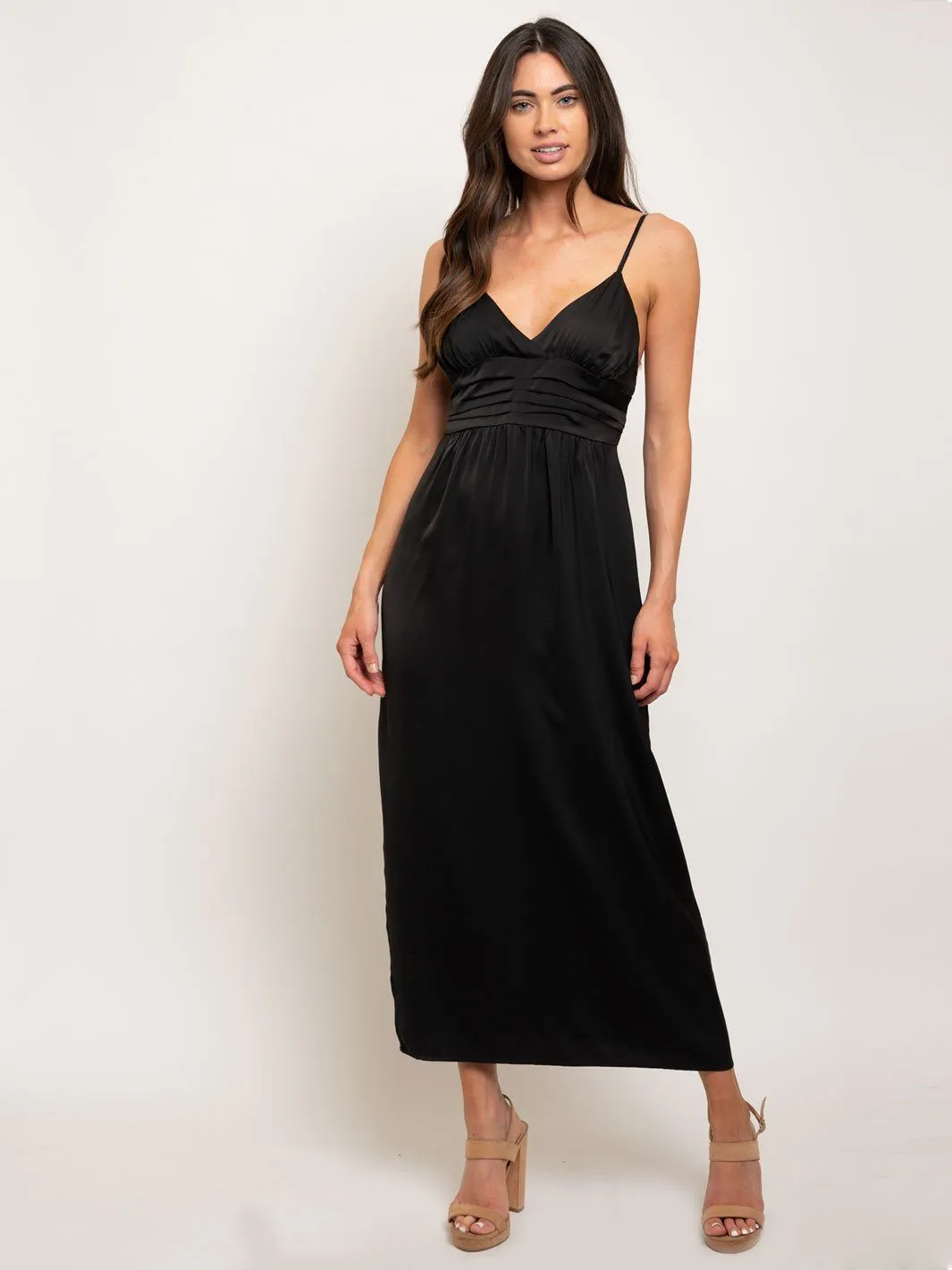 WOMEN'S SATIN LONG SLIP PLEATED WAISTBAND MAXI DRESS