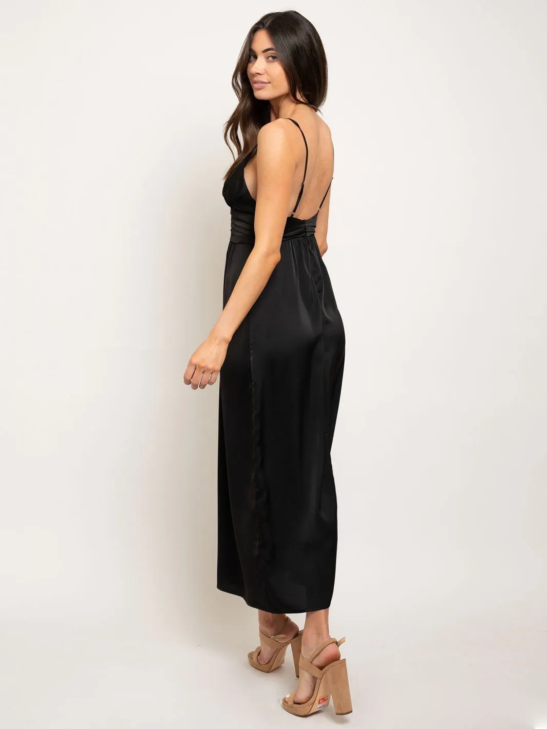 WOMEN'S SATIN LONG SLIP PLEATED WAISTBAND MAXI DRESS
