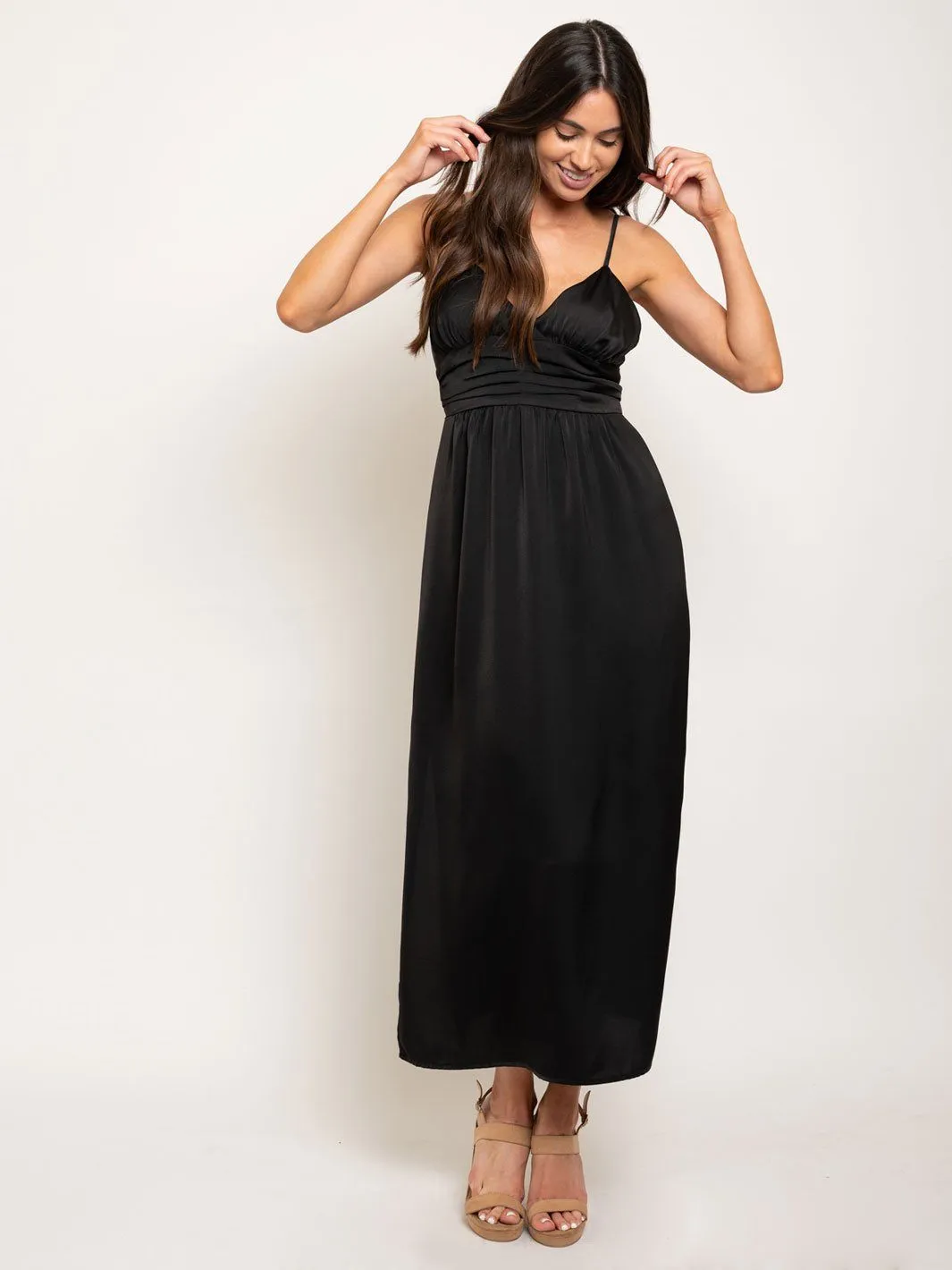 WOMEN'S SATIN LONG SLIP PLEATED WAISTBAND MAXI DRESS