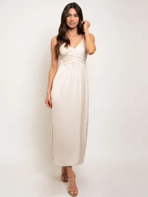 WOMEN'S SATIN LONG SLIP PLEATED WAISTBAND MAXI DRESS