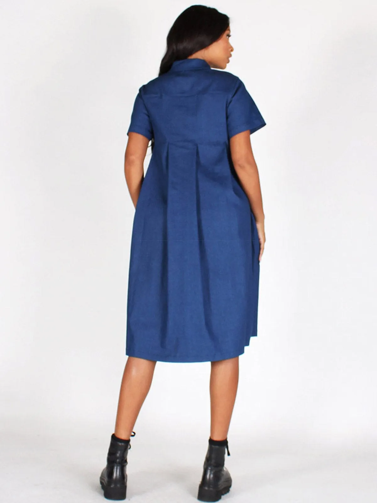 WOMEN'S SHORT SLEEVES POCKETS PLEATED DENIM MIDI DRESS