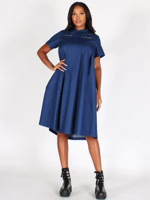 WOMEN'S SHORT SLEEVES POCKETS PLEATED DENIM MIDI DRESS