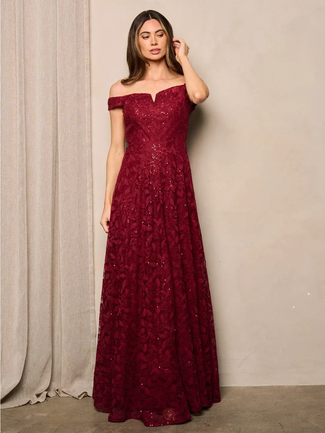 WOMEN'S SLEEVELESS OFF SHOULDER LACE SEQUINS MAXI DRESS