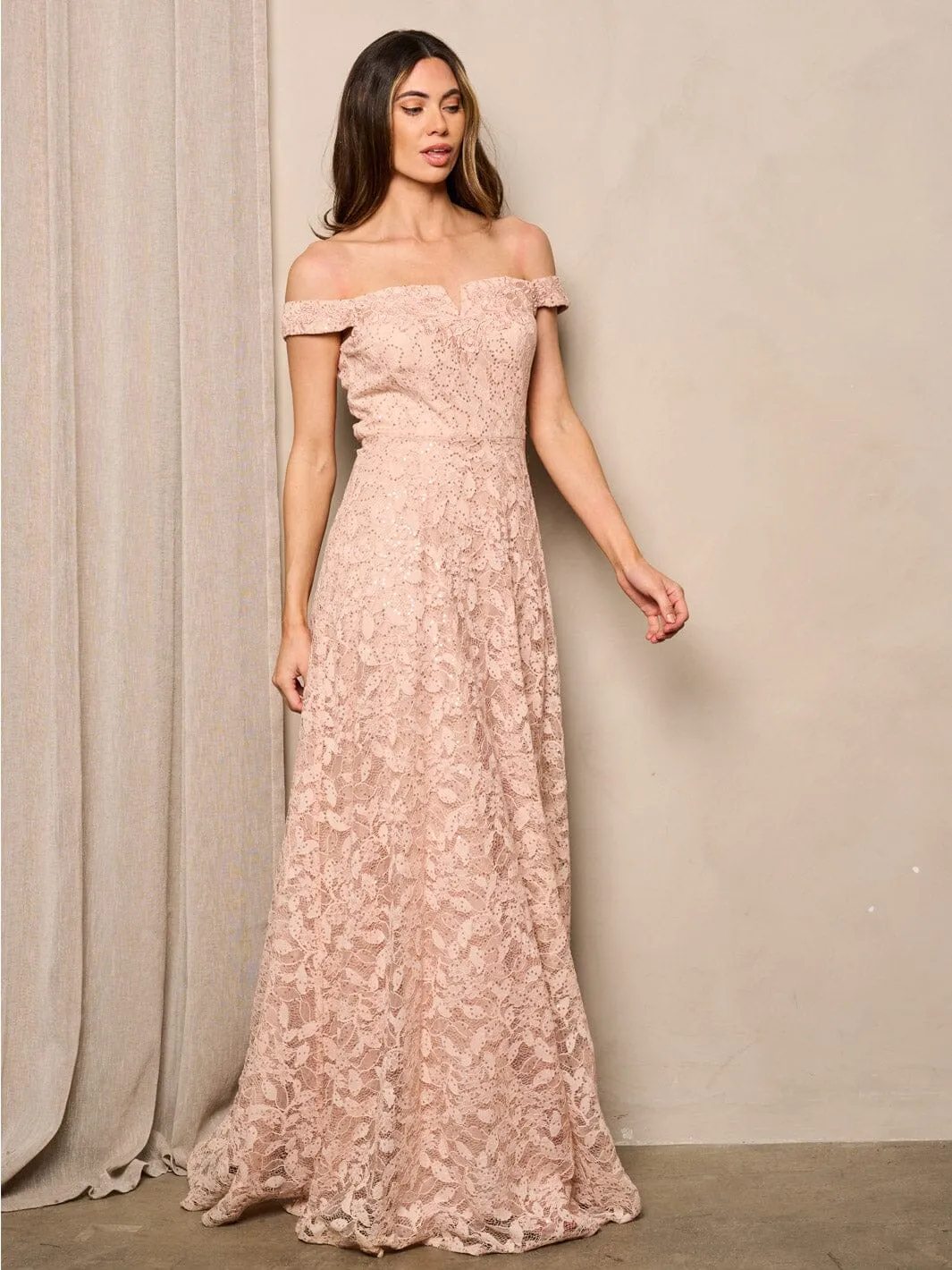 WOMEN'S SLEEVELESS OFF SHOULDER LACE SEQUINS MAXI DRESS