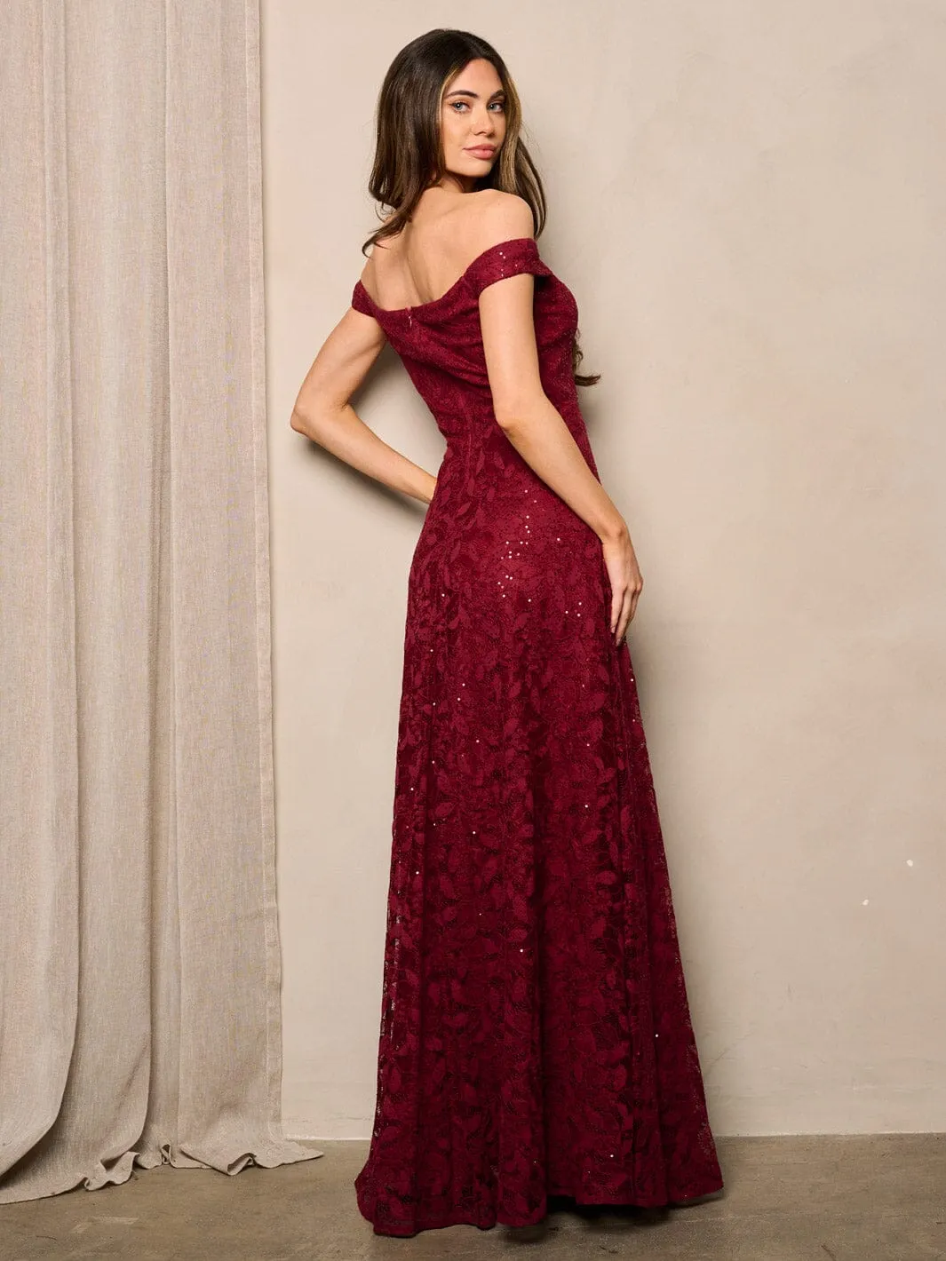 WOMEN'S SLEEVELESS OFF SHOULDER LACE SEQUINS MAXI DRESS