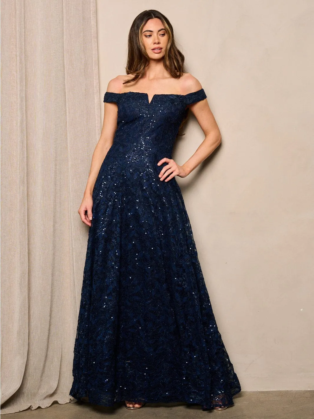 WOMEN'S SLEEVELESS OFF SHOULDER LACE SEQUINS MAXI DRESS