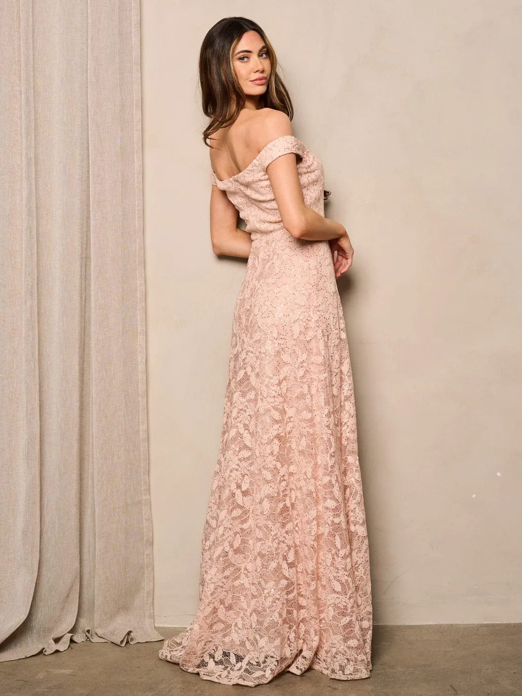 WOMEN'S SLEEVELESS OFF SHOULDER LACE SEQUINS MAXI DRESS