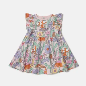 Woodland Print Pleated Cap-Sleeve Dress