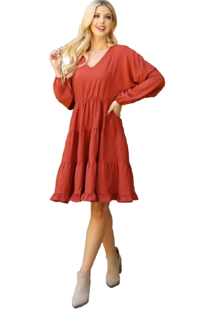 Woven Puff Sleeve V Neck Elastic Waist Tiered Dress Rust - Pack of 6