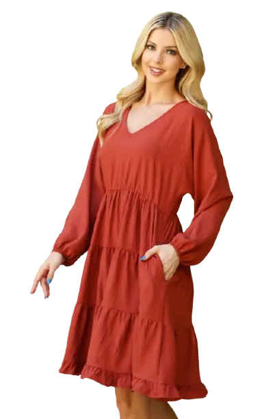 Woven Puff Sleeve V Neck Elastic Waist Tiered Dress Rust - Pack of 6