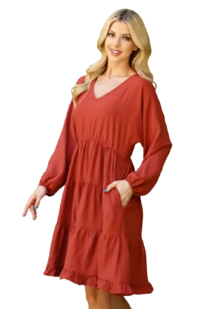 Woven Puff Sleeve V Neck Elastic Waist Tiered Dress Rust - Pack of 6