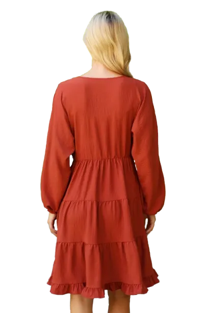 Woven Puff Sleeve V Neck Elastic Waist Tiered Dress Rust - Pack of 6
