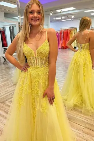 Yellow Tulle V-neck Spaghetti Straps Prom Dresses With Lace Appliques, MP879