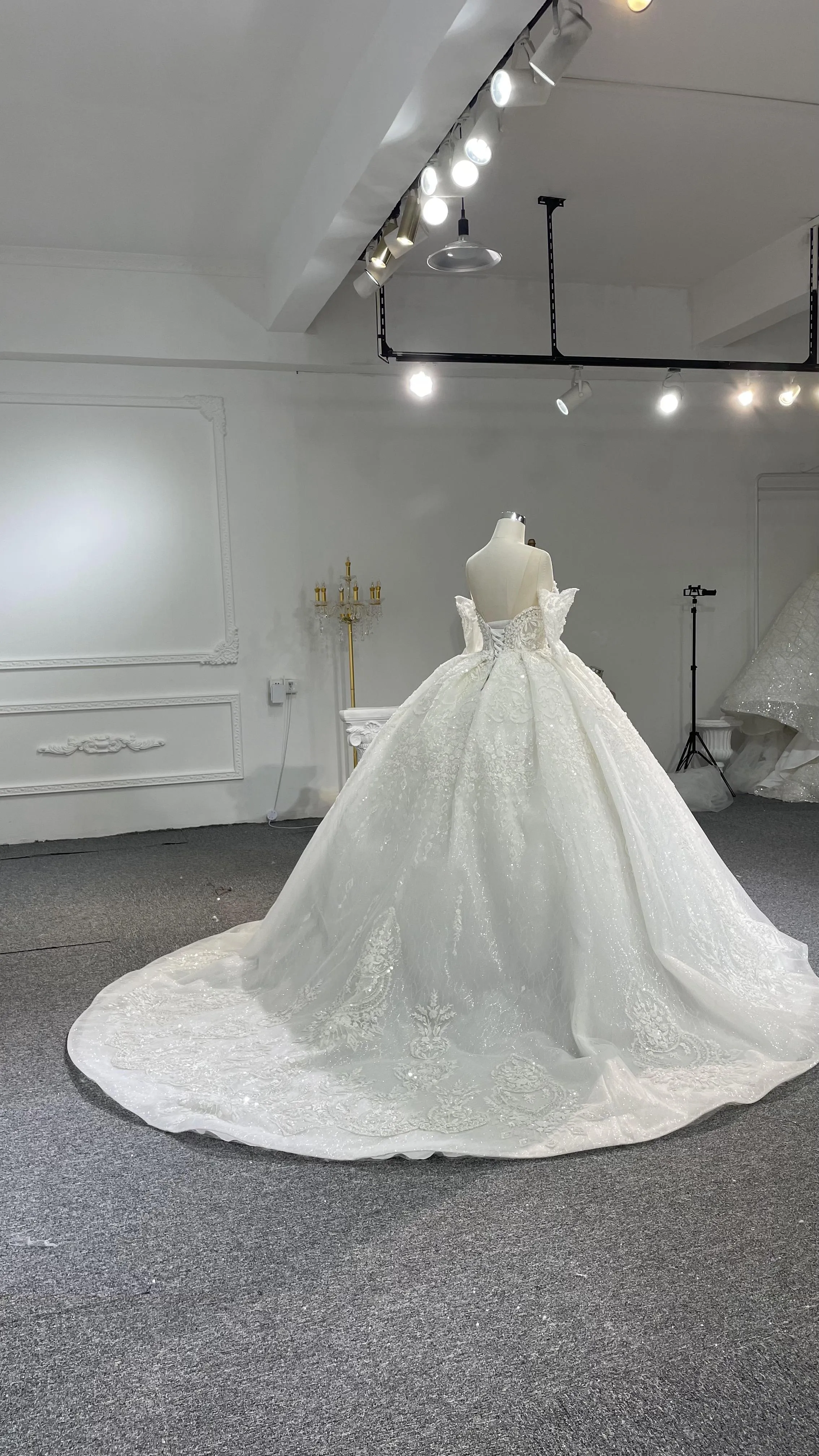 Z062- BYG Thick Heavy Beading Lace Off-shoulder Long sleeves Ball Gown
