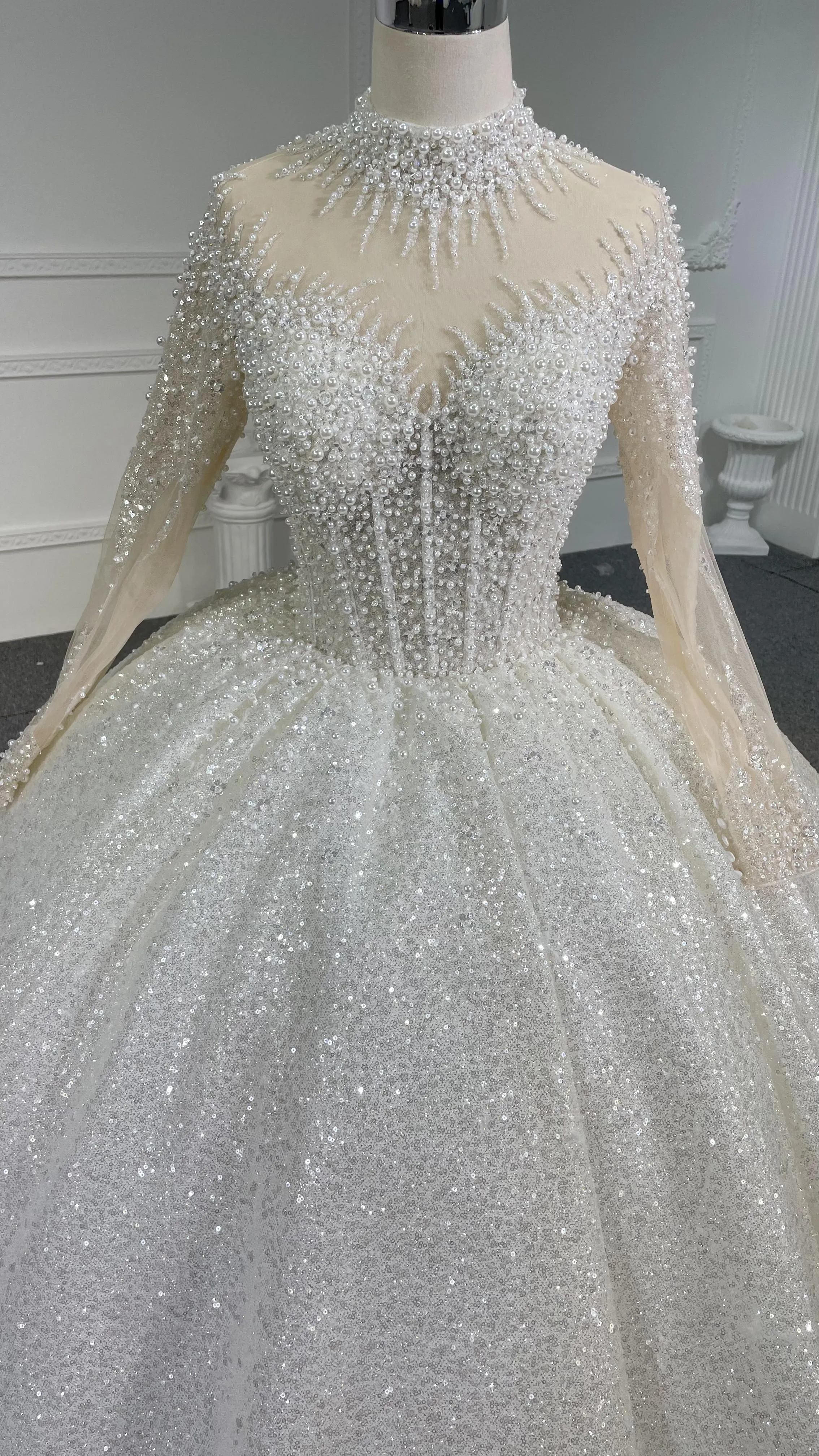 Z068  BYG Shimmering Luxury Ballgown With High Neck and Cuff Details