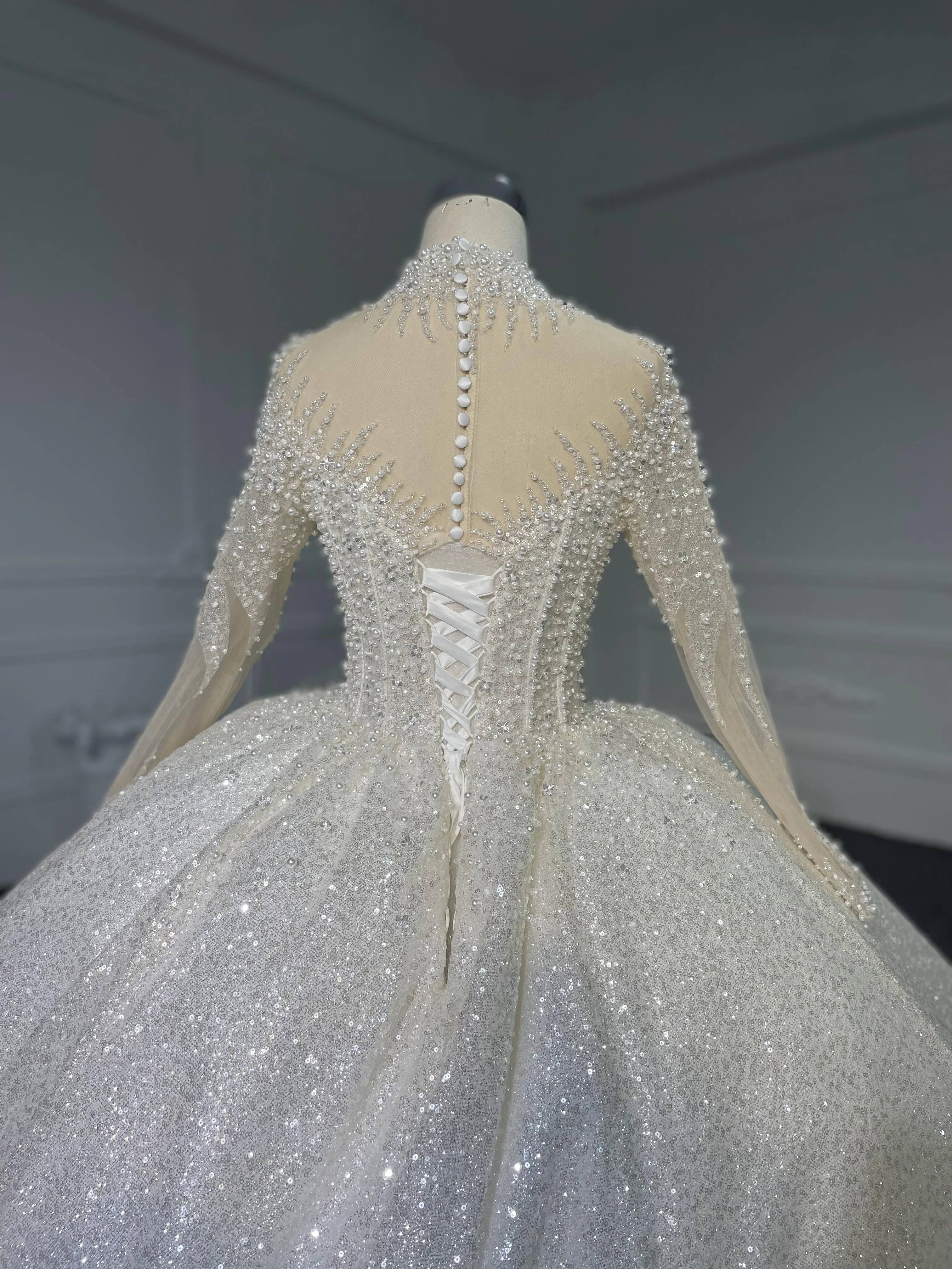 Z068  BYG Shimmering Luxury Ballgown With High Neck and Cuff Details