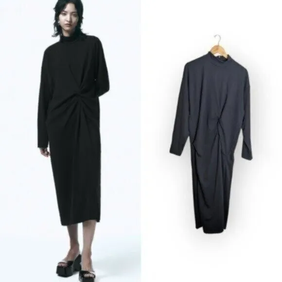 Zara Black Long Sleeve Knotted Pleated Dress Size Medium